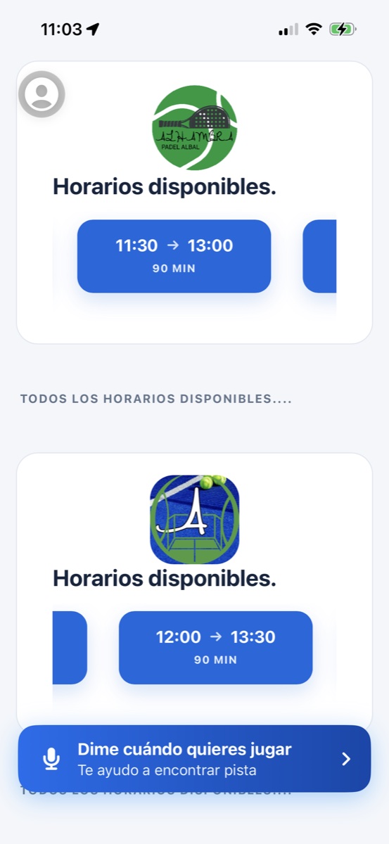 Opciones de horarios y clubes encontradas por la aplicación