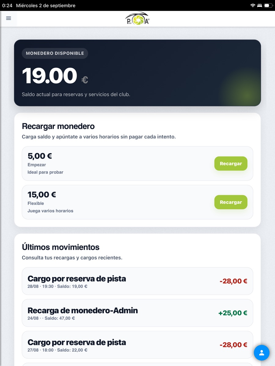 Monedero y movimientos de la app