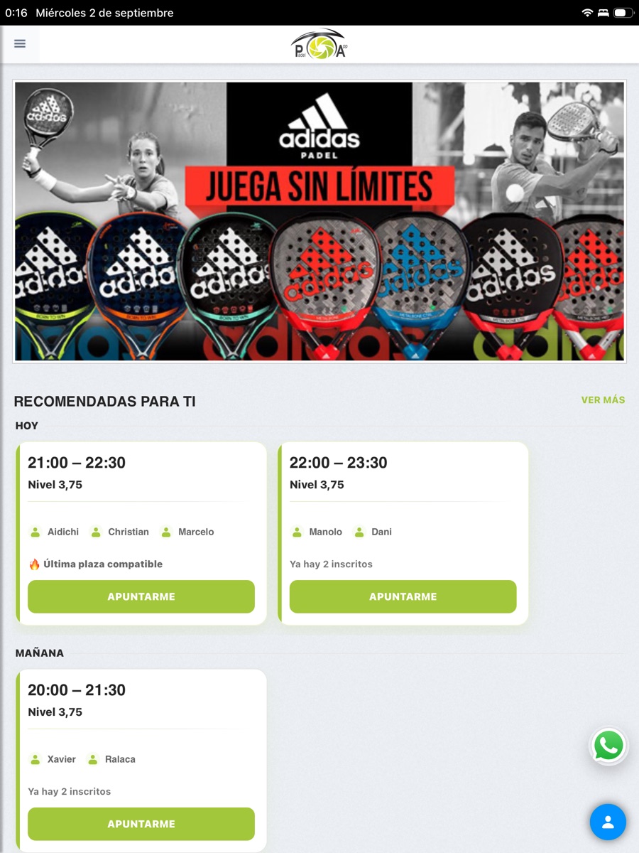 Partidas recomendadas y plazas disponibles